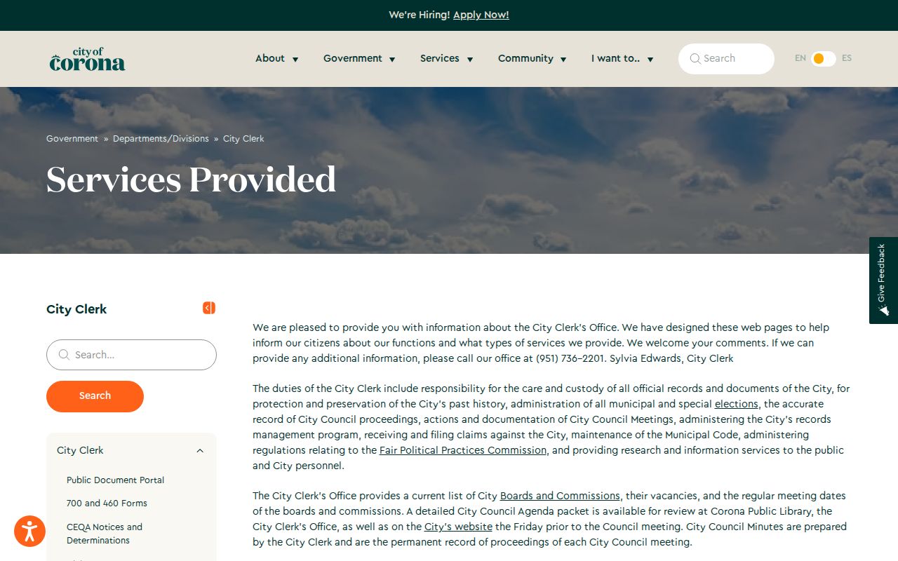Corona city directory City Clerk services and records information