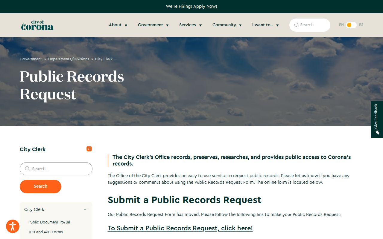 Corona residents directory reference to the Corona City Clerk public records request portal