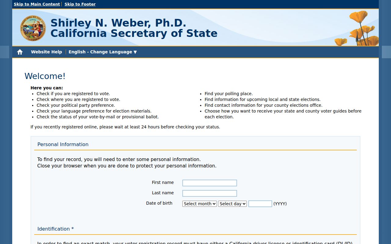 Corona residents directory reference to the California My Voter Status form