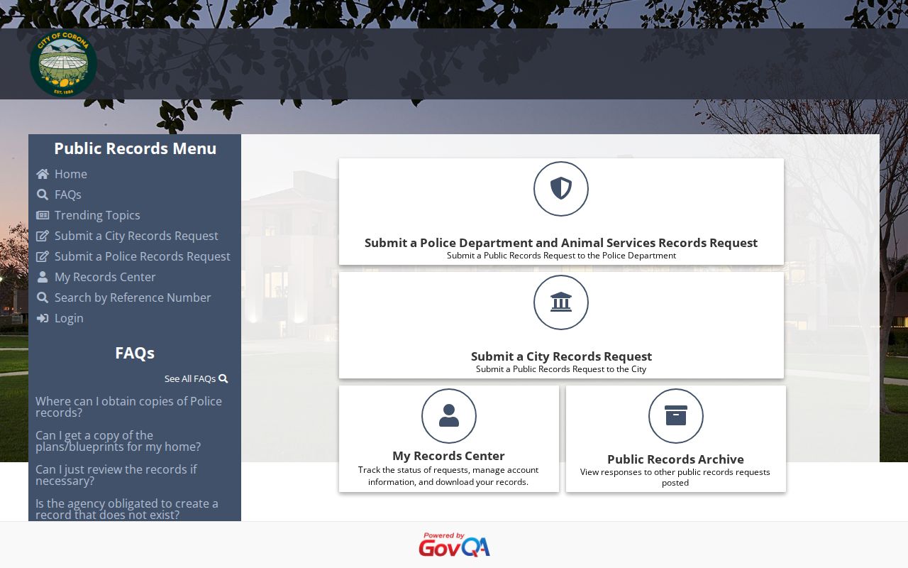 Corona street directory city records request portal