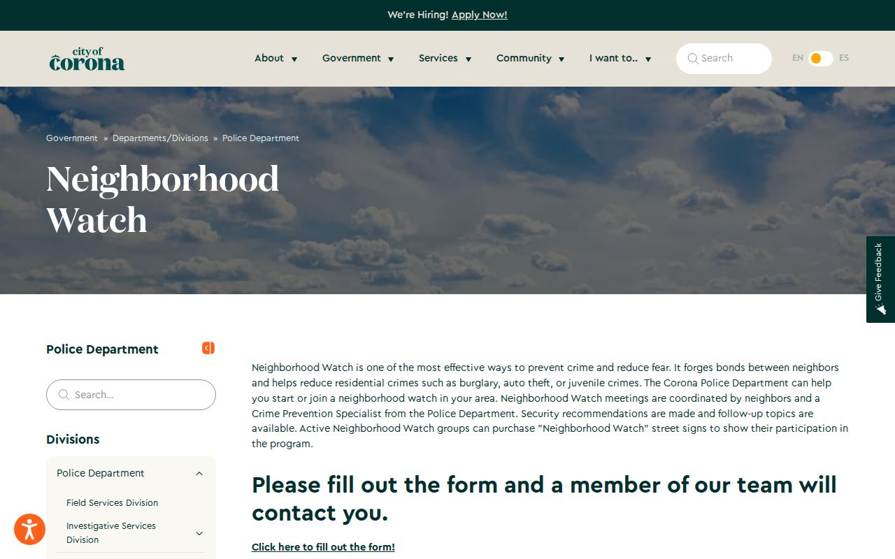 Corona street directory Neighborhood Watch information